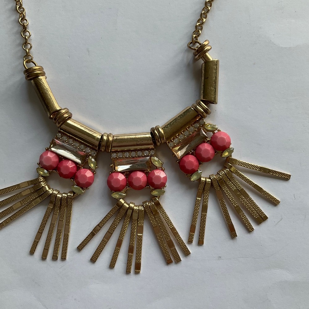 VTGStyle Gold Tone Coral Bead Rhinestone Geometric Fringe Statement Bib Necklace - Picture 4 of 10
